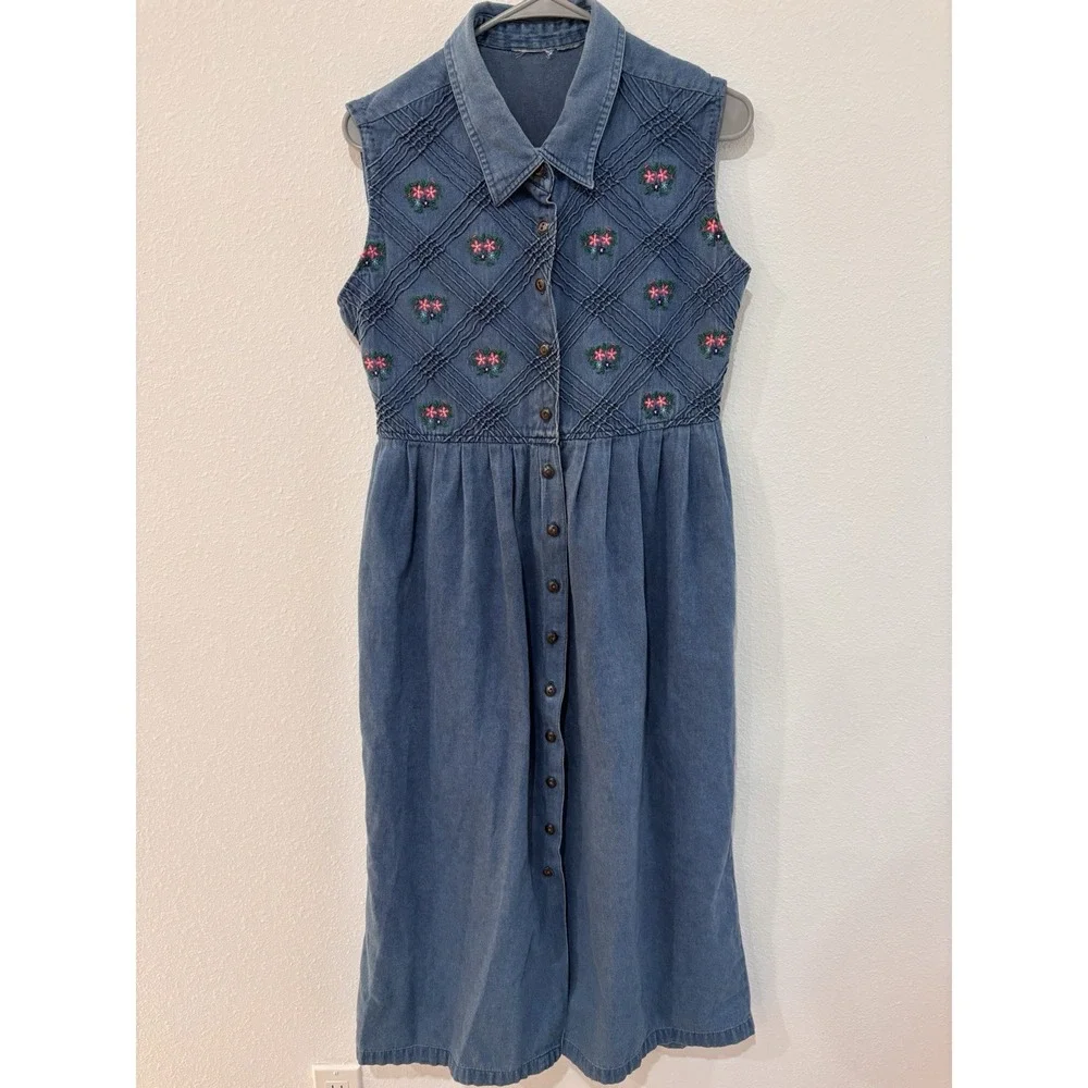 Vtg 90s Cottagecore Denim Maxi Dress Floral Embroidered Smocked Coquette L - Picture 2 of 13